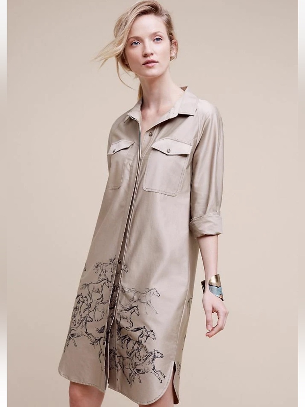Maeve Anthropologie Equine Floral Shirt Dress Taupe Size 2